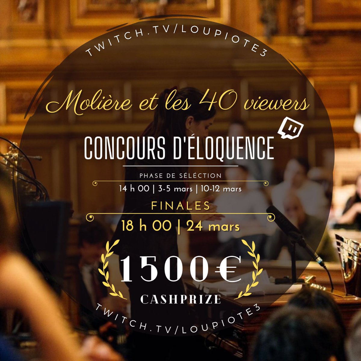 Viewers de l'ombre, bavards, casters, étudiants, stars d'internet, néophytes...

La parole est à vous; si vous osez la prendre; lors d'un concours d'éloquence inédit sur Twitch. 1500€ de cashprize, 5 minutes pour convaincre. Deal ? 
🔁

Inscriptions ⬇️
bit.ly/eloquence2023