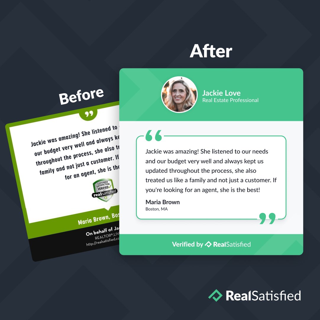 RealSatisfied's tweet photo. The release of our new Agent Dashboard and Agent Profile Page is just a week away! Take a look at our new and improved testimonial design, which agents can post to social media through the new dashboard!
#realestate #realestateagent #realestatebroker #realsatisfied https://t.co/atjq1WlSVm