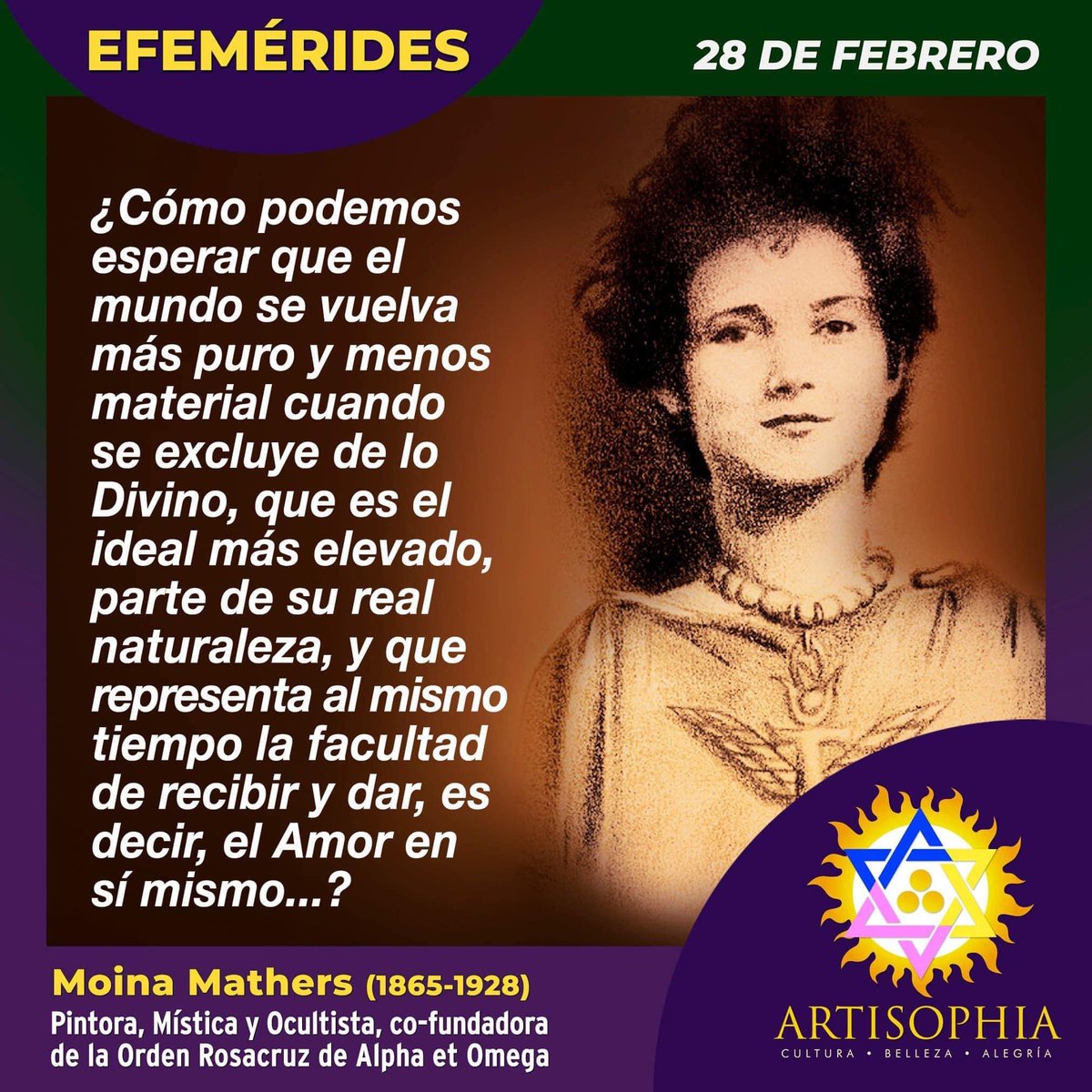artisophia's tweet photo. 🌟#EFEMERIDES🌟
#28febrero de 1865 nació en Ginebra (Suiza) Mina Bergson, conocida más adelante como Moina Mathers.
https://t.co/xeu5I6LHJC
https://t.co/NVd4e8OYJL
#artisophia #biografía #teosofía #MoinaMathers #GoldenDown #Imperatrix #Rosacruz #AlphayOmega #MacGregorMathers https://t.co/hs6nUi2en2