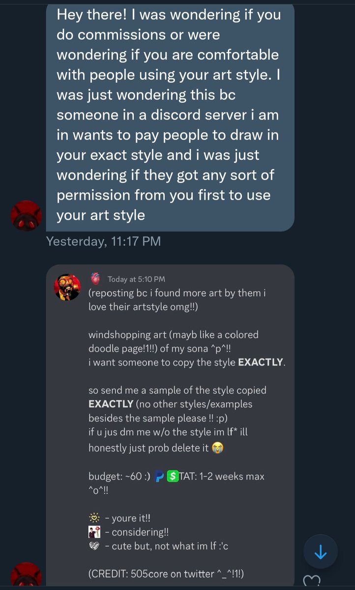 505core's tweet image. it has come to my attention that someone on discord is willing to pay other artists to copy my EXACT artstyle instead of just coming to me directly and commissioning me. this is insane