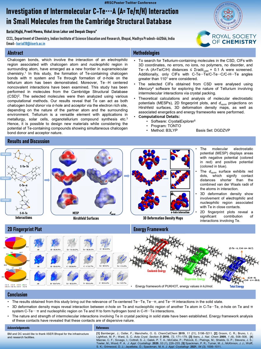 barialmajhi's tweet photo. I am pleased to share our work "Investigation of Intermolecular C-Te∙∙∙A (A= Te/π/H) Interaction in Small Molecules from the Cambridge Structural Database" for #RSCPoster 2023.  Thanks to @RoySocChem @chm_iiserb @iiserbhopal.

#RSCInorg #RSCAnalytical #RSCEng https://t.co/9zG0g1Npn4