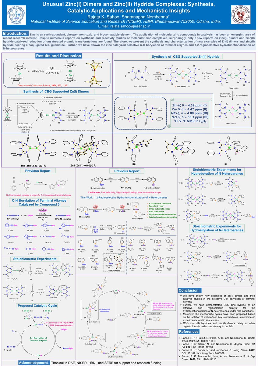 Happy to share our work on 'Unusual Zinc(I) Dimers and Zinc(II) Hydrides: Synthesis, Catalytic Applications and Mechanistic Insights'. published in @DaltonTrans @angew_chem @InorgChem 
Looking forward to your questions 😊 
#RSCPoster #RSCPosterLive @RoySocChem
#RSCCat #RSCInorg