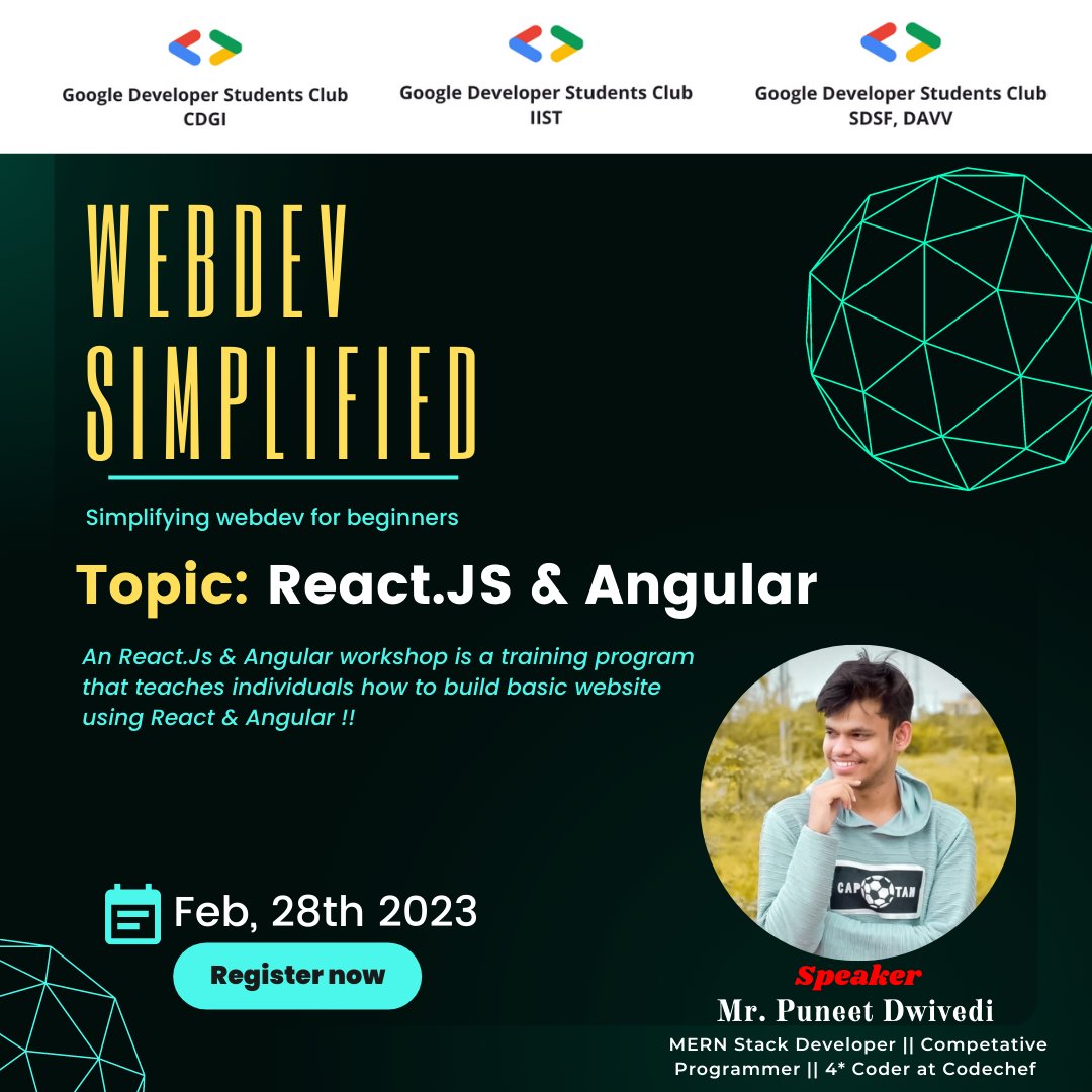 GDSC_IIST's tweet photo. Hola Techies👋
GDSC-IIST in collaboration with GDSC-CDGI and GDSC-DAVV IET announces 📢
WebDev Simplified:A 2-day virtual event on Feb 27-28,2023🖥️Time:7:30 pm onwards Today✌🏻💡
Register now! 🎉
RSVP here, to join the event.
https://t.co/4cnNrZp4MG https://t.co/3zPHKOOfZP