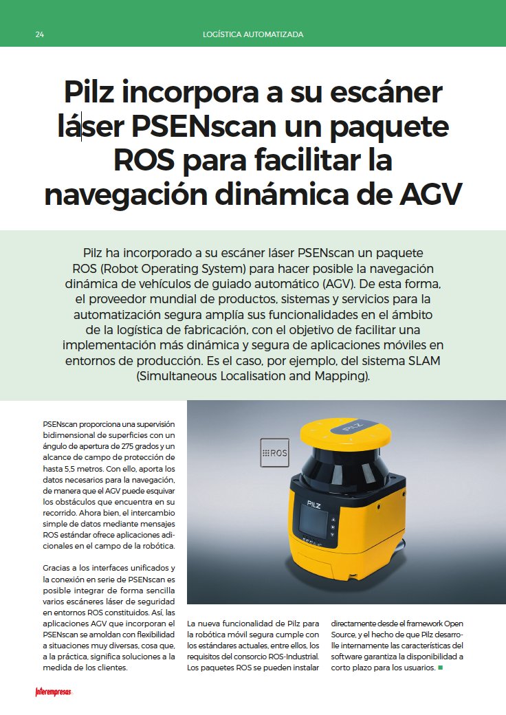 Pilz_ES_PT's tweet photo. 📰 En el último número de Automatización para la industria 4.0, de @int_automatic, explicamos cómo la incorporación de un #paqueteROS al escáner láser #PSENscan posibilita la navegación dinámica de #AGV. Así ampliamos nuestras funcionalidades en el ámbito de la fabricación. https://t.co/LE8FUNSZPX