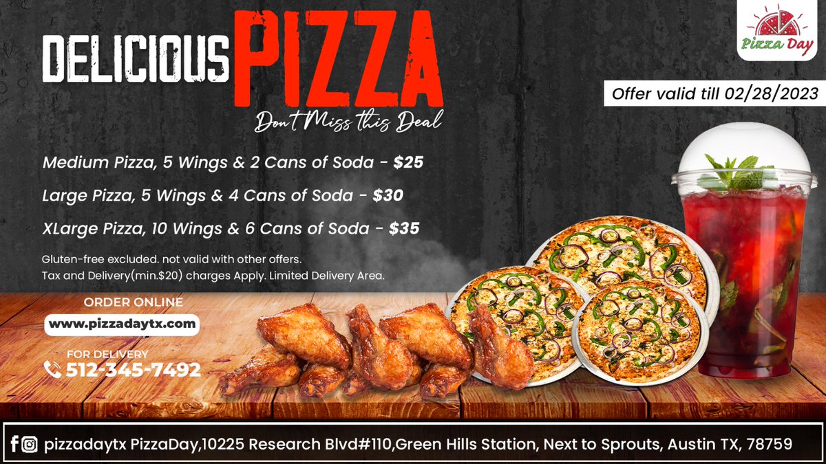 PizzaDayTx's tweet photo. Combo offers at Pizzadaytx!!!

#pizzadaytx #keepaustineatin #pizza #februaryoffers #largepizzas #ordertoday #instafood #drinks #austinlocal #austintxfoods #pizzeria #deliciouspizza #foodblogger #restaurant #indianpizza #texas #usa #trendingnow #pizzalovers #atxfooddelivery https://t.co/ESWPU2jqnP