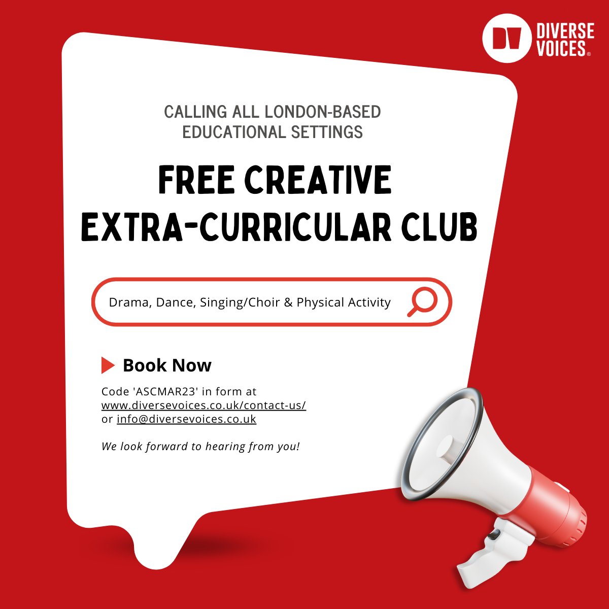 🚨Calling London-based Educational Settings!🚨 @DiverseVoices is offering you a *free* extracurricular club!

⭐️Drama, Dance, Singing/Choir & Physical Activity⭐️

Looking forward to hearing from you! RT #schools #extracurricular #londonschools #schoolleaders #ukedchat #edutwitter