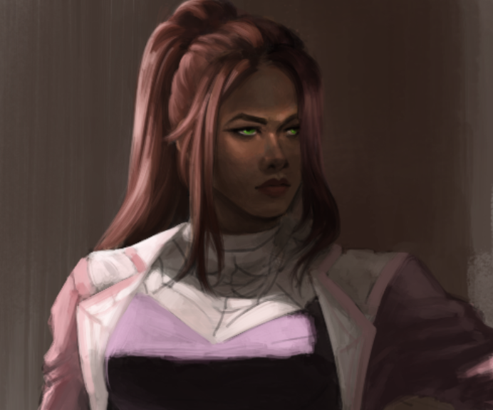 I revamped my spidersona's art into her new design and dlkfsfs ngl I like her auburn hair paired with green eyes.