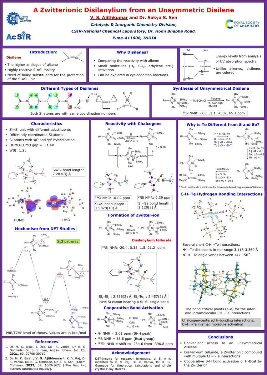 Ajithkumar V S (@v_s_ajithkumar) on Twitter photo Hi, please checkout my first RSC poster entitled "A zwitterionic disilanylium from an unsymmetrical disilene" from <a href="/sakya_sen/">Sakya S. Sen</a> lab, <a href="/csir_ncl/">CSIR-National Chemical Laboratory</a>.
Please feel free to discuss.
#RSCPoster, #RSCInorg
For more details, please visit the link: doi.org/10.1039/D2CC06… Hi, please checkout my first RSC poster entitled "A zwitterionic disilanylium from an unsymmetrical disilene" from <a href="/sakya_sen/">Sakya S. Sen</a> lab, <a href="/csir_ncl/">CSIR-National Chemical Laboratory</a>.
Please feel free to discuss.
#RSCPoster, #RSCInorg
For more details, please visit the link: doi.org/10.1039/D2CC06…