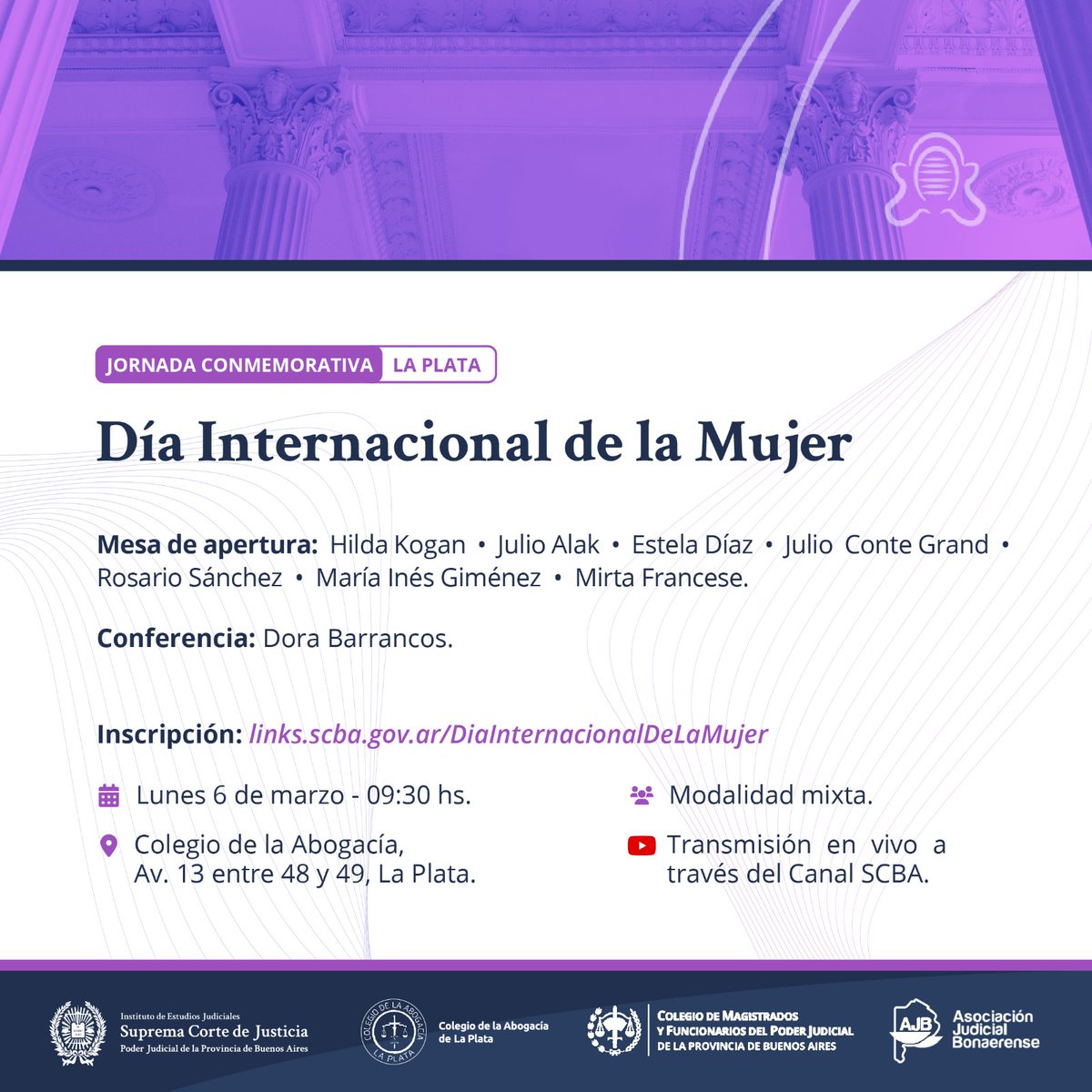 Queremos extenderles la invitación a participar de esta jornada, el lunes 6 de marzo, en conmemoración del Día Internacional de la Mujer.
Muchas gracias
Inscripción: links.scba.gov.ar/Dialnternacion…