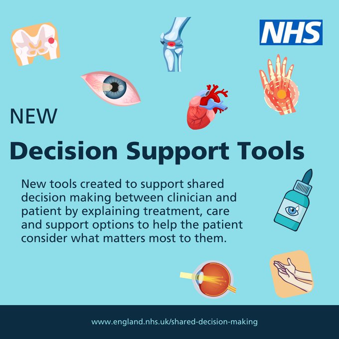 .<a href="/NHSEngland/">NHS England</a> published eight decision support tools to support #SharedDecisionMaking conversations between clinician and patient by explaining treatments, care and support options, helping patients consider what matters most to them. 

👉england.nhs.uk/decision-suppo…

#PersonalisedCare