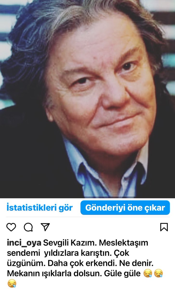 Sanat camiasının başı sağ  olsun. Sevgili Meslektaşım çok üzgünüm yıldızlar mekanın olsun 🙏🏻😪😪😪