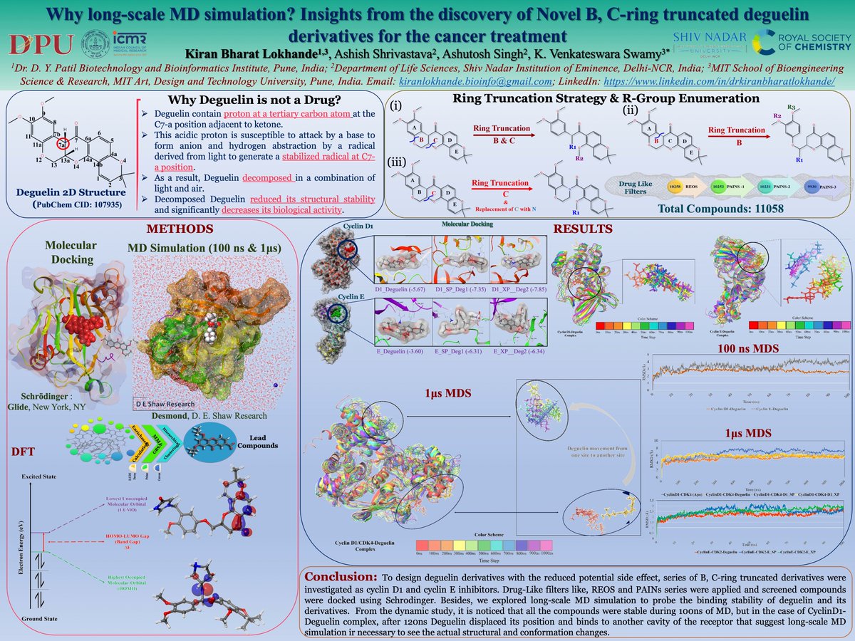 Happy to share Research work on 'Why long-scale MD simulation? Insights from the discovery of Novel B, C-ring truncated deguelin derivatives for the cancer treatment' for #RSCPoster Twitter conference 2023.
Looking forward to your questions
#RSCChemBio 
#RSCPosterPitch in comment