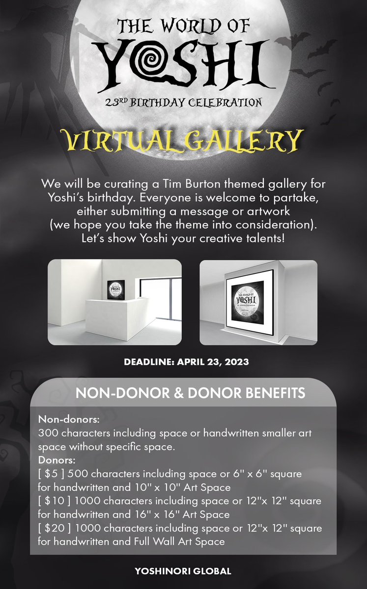 THE WORLD OF Y꩜SHI 🦇

Teumes, JOIN NOW! 

Time to unleash your artistic side! 👨‍🎨🎨 Show your amazing artworks in this virtual gallery! 

Submit your works/messages here:
🔗Bit.Ly/TWOYGalleryForm

For further details, kindly check the poster below. ☺

#요시 #트레저요시 #YOSHI