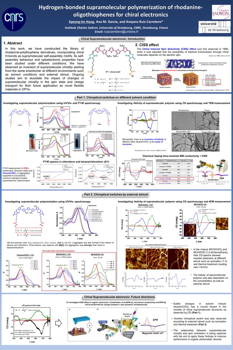Hello, I am Kyeong-Im HONG working with <a href="/ampowerflower/">Amparo RuizCarretero</a>.Happy to share my poster in #RSCPoster twitter conference 2023 entitled as “Hydrogen-bonded supramolecular polymerization of rhodanine-oligothiophenes for chiral electronics”.#RSCOrg Feel free to ask me!