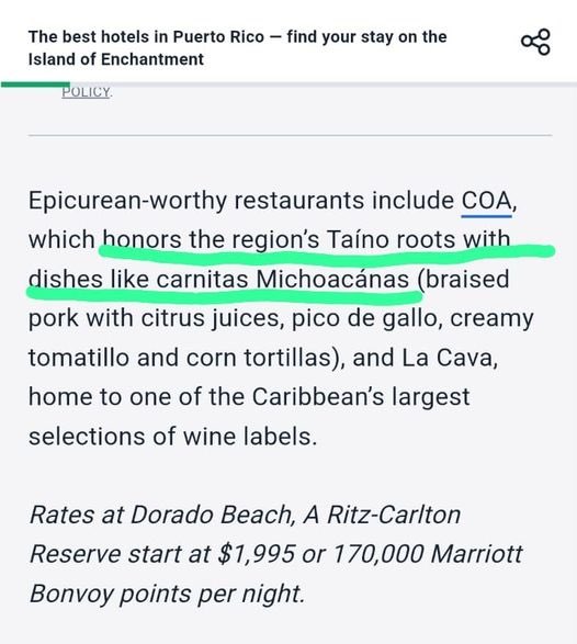 WilMochileando's tweet photo. Uno de los medios de viajes más importantes de Estados Unidos, dice que uno de los platos típicos de Puerto Rico, que hace honor a la cultura taína son las “carnitas de Michoacán” las cuales las encuentras en Dorado. 🤦🏻‍♂️😂🥴

 ¿Qué pasó aquí @thepointsguy? https://t.co/pR7uaAAKRy