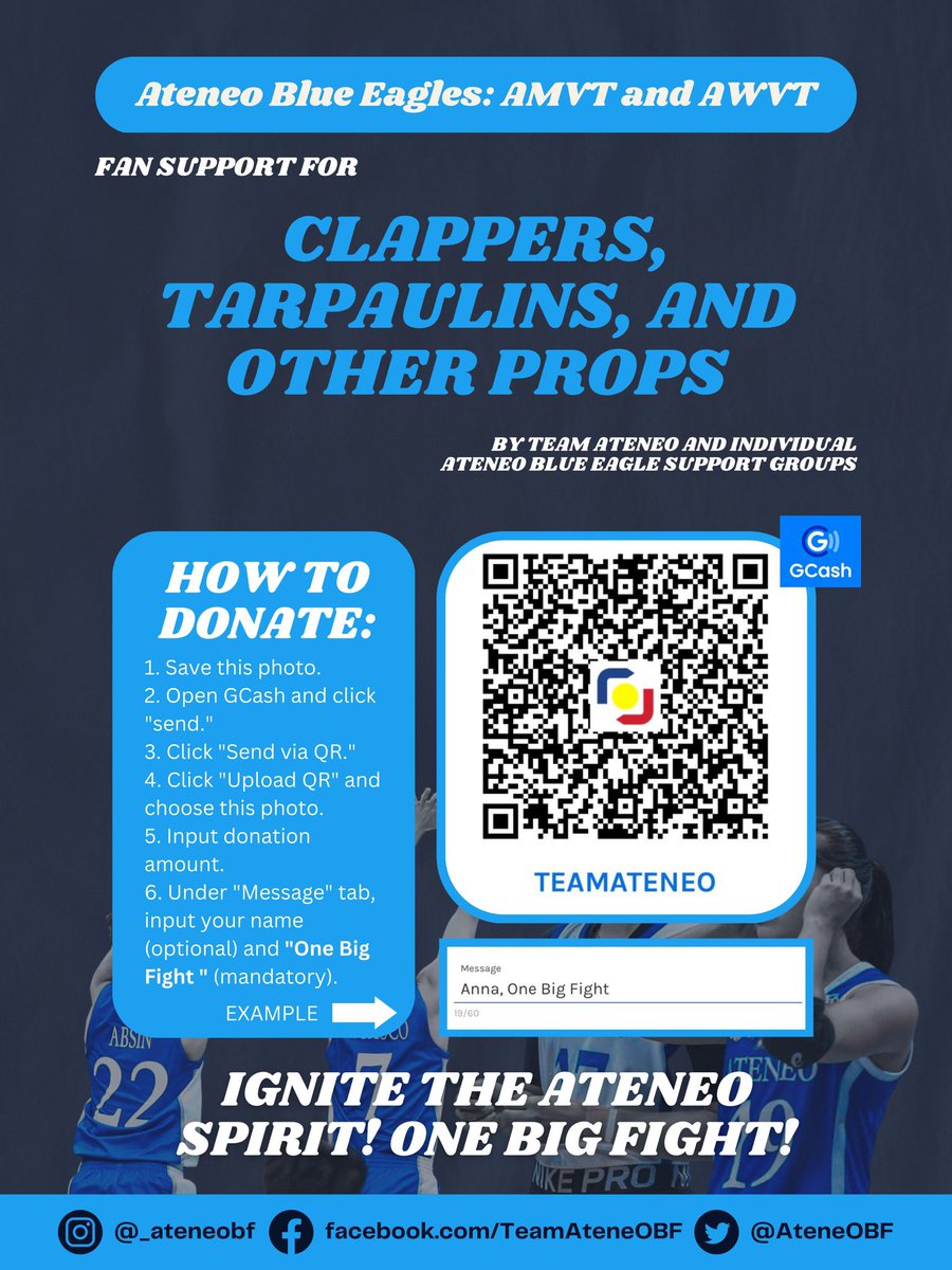 Hello, Ateneo community!

Show your love to the Ateneo Blue Eagles by supporting this donation drive for clappers, tarps, and other props! Any amount’s appreciated!

We are also encouraging everyone to share this photo in IG/FB stories!

IGNITE THE ATENEO SPIRIT! #ONEBIGFIGHT 💙