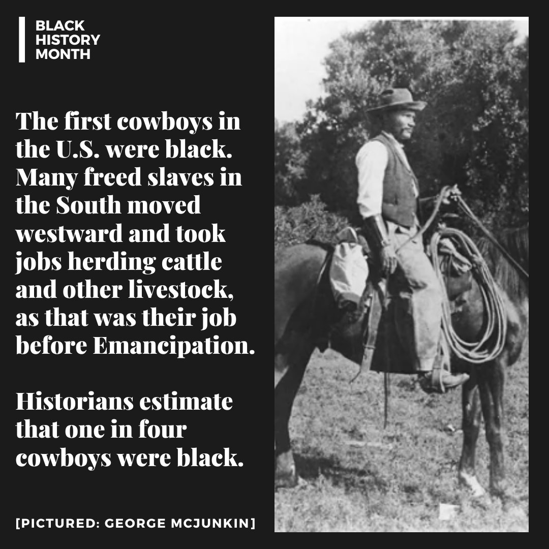 Origin_SC's tweet image. During the Civil War, many slaves whose owners owned cattle and other livestock, were left to herd and watch over the land. This was before barbed wire was even invented to keep livestock in. After Emancipation, freed slaves traveled westward and took jobs as "cowboys."