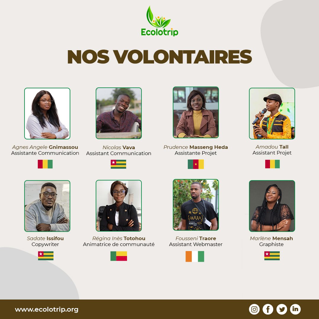 ecolotriporg's tweet photo. Notre famille s'agrandit ! 
C'est avec un immense plaisir que nous vous présentons aujourd'hui les nouveaux adhérents à notre cause, les volontaires #Ecolotrip.

Ils sont jeunes, de différents horizons, mais tous engagés à faire de grandes choses avec nous. 

#TgTwittos  👇 https://t.co/QCvl48z5Aj