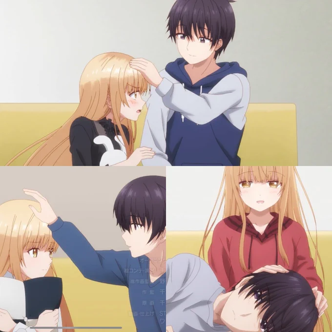 頭なでなで回、可愛すぎて尊すぎて悶絶。観てる自分の顔がニヤケすぎてて我ながらキモいwww頭撫でられると嬉しいのね、真昼ちゃん。料理がかからないよう抱き寄せる周くんもカッコ良い。このアニメ観てるとニマニマが止まんないだよね。#お隣の天使様にいつの間にか駄目人間にされていた件 