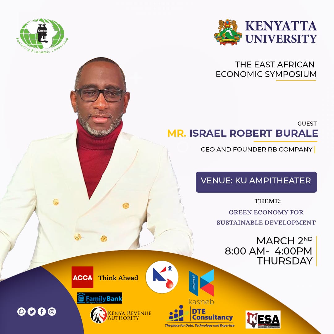 Talk of greatness,meet greatness,eloquence,elegance,the list is endless. We are more than honoured to be having <a href="/burale1/">Robert Burale</a> as one of our guests. Don't miss out.<a href="/kuesaku/">Kenyatta University Economics Students Association</a> <a href="/KenyattaUni/">Kenyatta University #ExperienceKU</a> <a href="/kesa_kenya/">Economics Students Association of Kenya</a> <a href="/KapaOil/">Kapa Oil Refineries</a> <a href="/MinistryofEnvi2/">Ministry of Environment, Forestry and Tourism</a> #goinggreen #eastafricaeconomicssymposium #hiindioinabambasasa