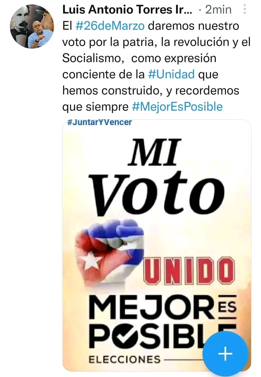 Yo acudiré a las urnas el 26 de marzo y daré #MiVotoUnido. #MejorEsPosible #CubaEsUnidad <a href="/PresidenciaCuba/">Presidencia Cuba 🇨🇺</a> <a href="/AsambleaCuba/">Asamblea Nacional Cuba</a> <a href="/DiazCanelB/">Miguel Díaz-Canel Bermúdez</a> <a href="/MMarreroCruz/">Manuel Marrero Cruz</a> <a href="/feemdecuba/">@FEEMdeCUBA</a>