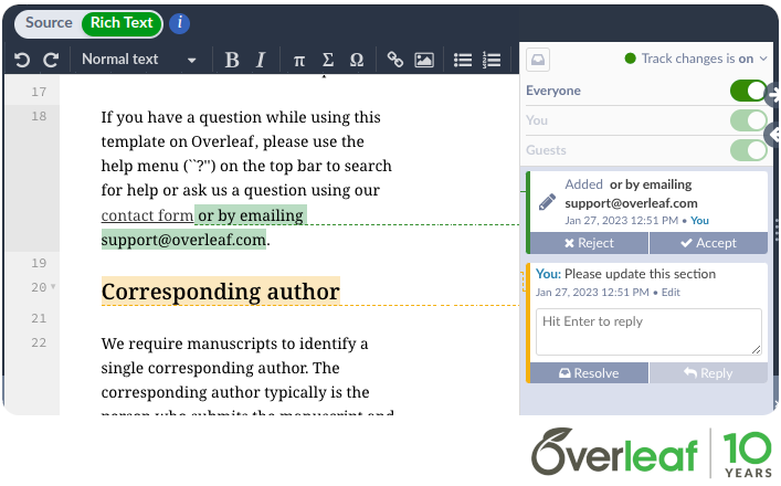 overleaf's tweet photo. Hey everybody! 🤩 Reviewing and commenting on Overleaf projects is now even easier: our updated Rich Text editor simplifies team collaboration! Check out our blog post: https://t.co/pTwH3Q7pHU #Overleaf #OverleafBlog https://t.co/QB9oKsVfui