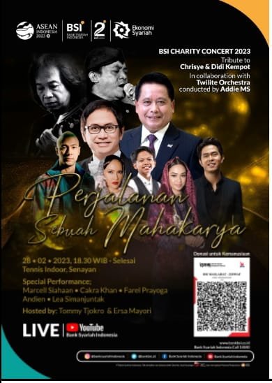 #BSICharityConcert2023
Persembahan istimewa dari BSI untuk masyarakat Indonesia dan mengenang karya musisi legendaris. 

PT Bank Syariah Indonesia Tbk. menggelar BSI Charity Concert 2023 dengan tema Perjalanan Sebuah Mahakarya.