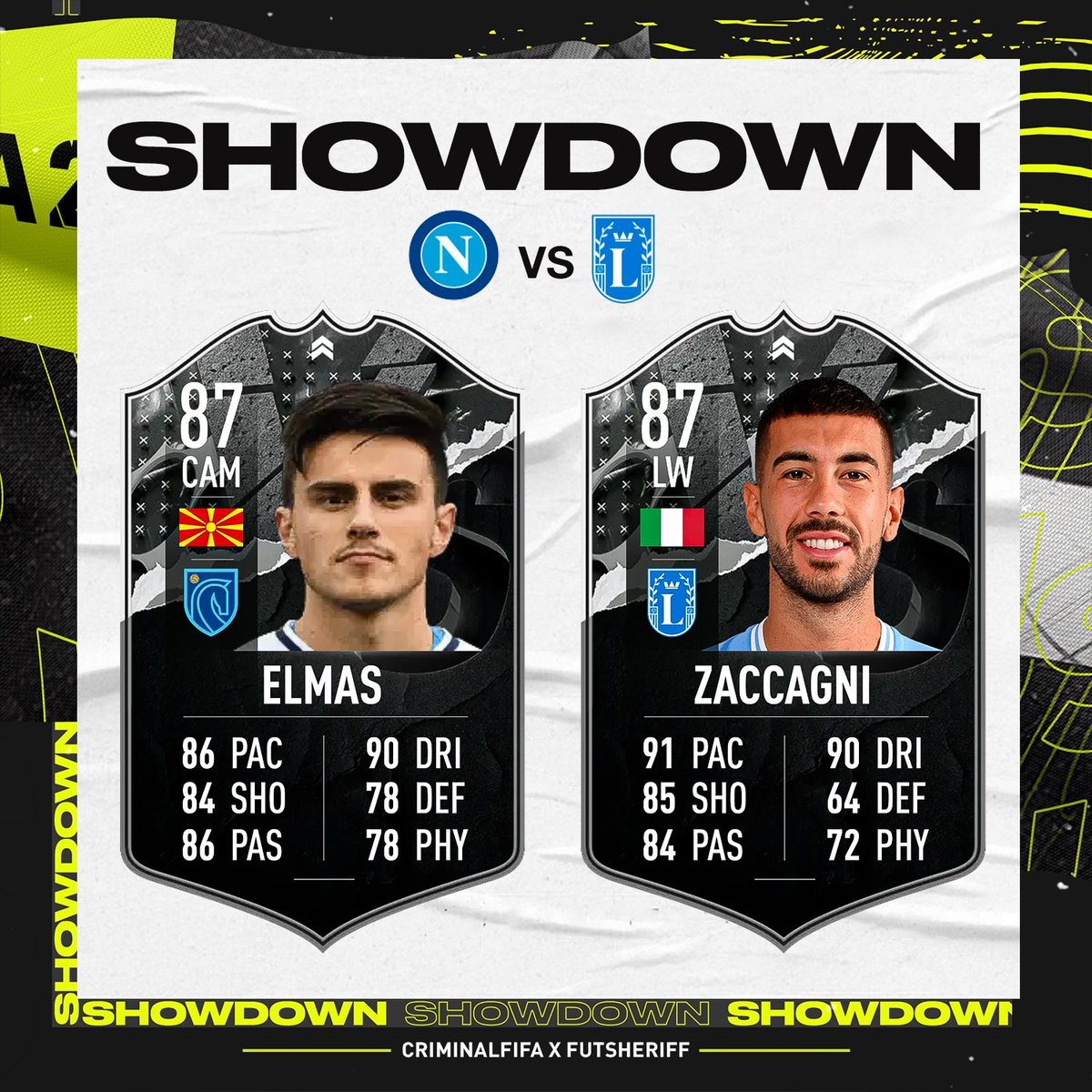 FutSheriff's tweet photo. 🚨Elmas vs Zaccagni are coming as Showdown SBC✅

Stats are prediction ✍🏻

Make sure to follow @FutSheriff and @Criminal__x ❤️

#FIFA23 https://t.co/X1bDGH9ZMZ