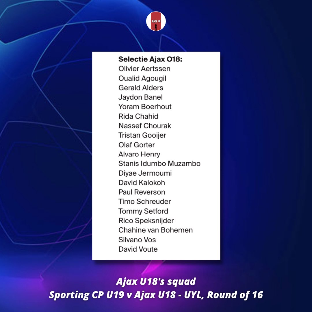 AjaxYA's tweet photo. Ajax U18’s squad for tomorrow’s UYL match against Sporting CP! 🇵🇹
#AjaxU18 #UYL #SCPAJA https://t.co/Vbd00sREOG