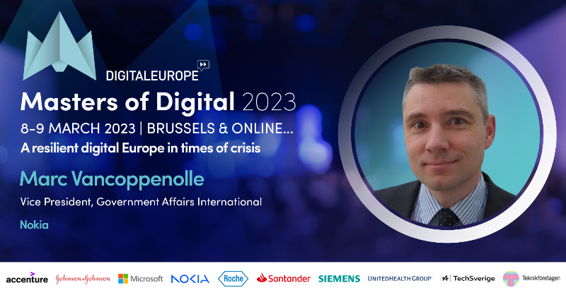 DIGITALEUROPE's tweet photo. One of many high-level industry representatives sharing the stage at #MoD2023 will be Vice President of Government Affairs International, @MarcVCop from @Nokia. 

He's joining the panel 'Digital's Role in Solving the Energy Crisis' 💡🌍

There's still spaces to join us online ⤵️