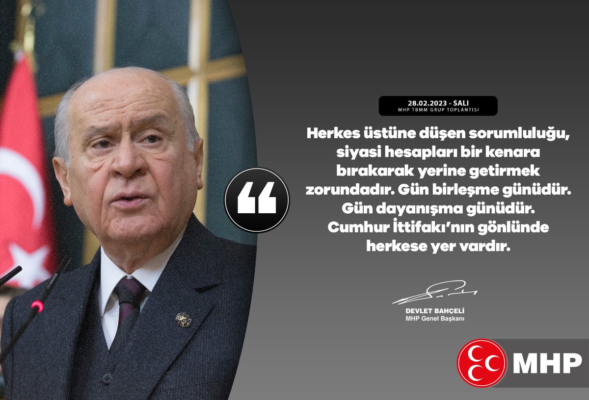 KonyaKad's tweet photo. Herkes üstüne düşen sorumluluğu, siyasi hesapları bir kenara bırakarak yerine getirmek zorundadır. Gün birleşme günüdür. Gün dayanışma günüdür.
Cumhur İttifakı’nın gönlünde herkese yer vardır.
MHP Genel Başkanı
Devlet BAHÇELİ https://t.co/TS9fprTJiK