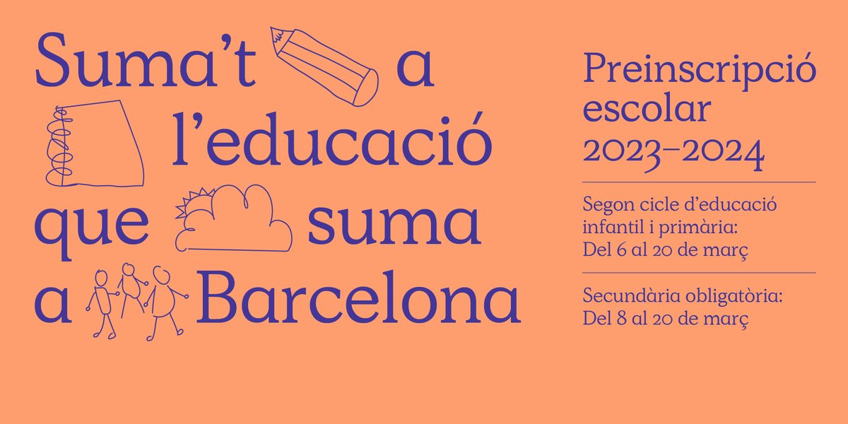La setmana vinent comença la #preinscripció escolar del curs 2023-2024:

🗓️ Segon cicle d'educació infantil i primària: del 6 al 20 de març
ℹ️ ja.cat/escoles

🗓️ Educació secundària obligatòria: del 8 al 20 de març
ℹ️ ja.cat/instituts
x.com/barcelona_cat/…