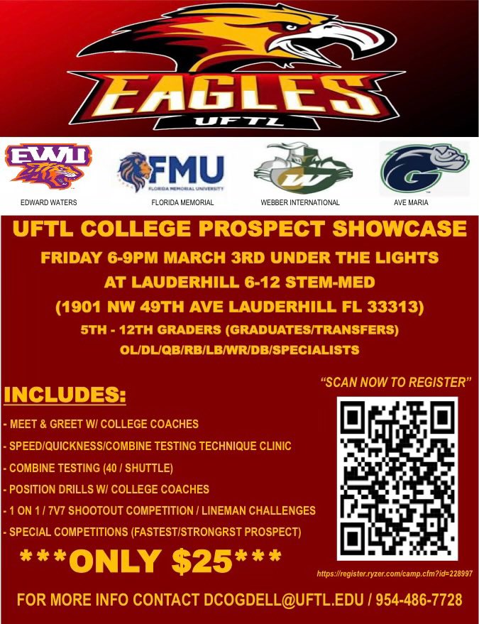 🏈LESS THAN 3 DAYS AWAY FROM THE UNIVERSITY OF FT LAUDERDALE PROSPECT SHOWCASE 🏈U ARE INVITED…ARE U READY? 🏈5-12th Grade 🏈Upcoming Univ of Ft Lauderdale Prospect Camp: 🏈Friday March 3rd 6-9pm Under the Lights At Lauderhill 6-12 Stem-Med 🔥Register Now🔥 🦅‼️