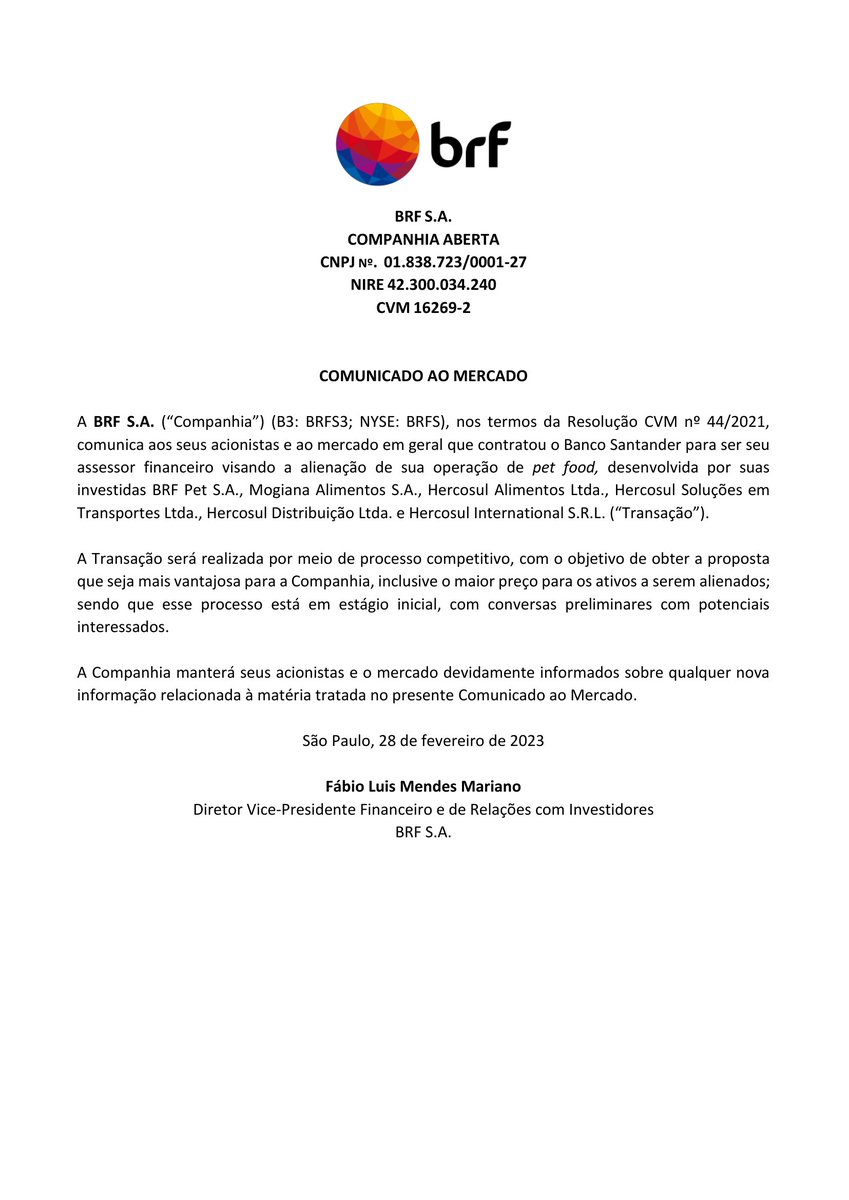 CalixtoCapital's tweet image. #BRFS | BRF SA | Comunicado ao Mercado