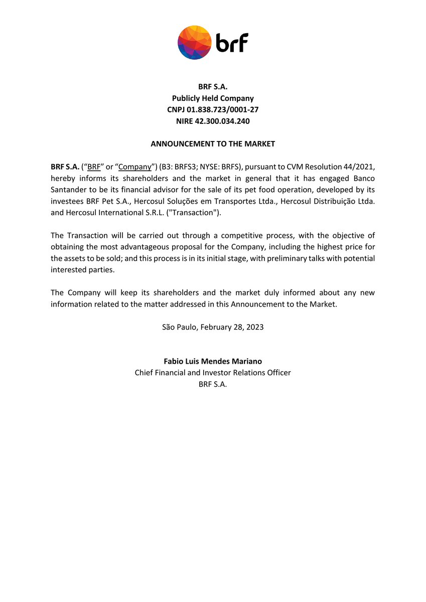 CalixtoCapital's tweet image. #BRFS | BRF SA | Comunicado ao Mercado