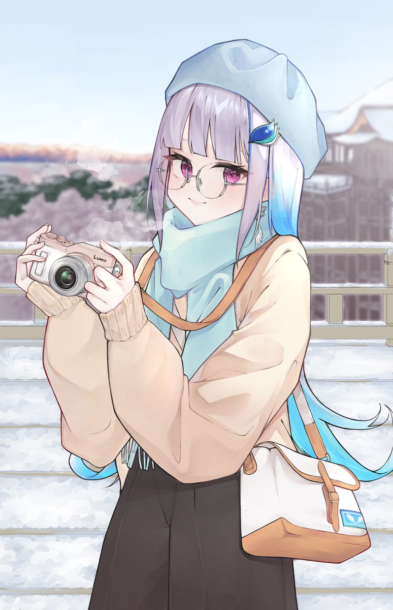 lize helesta 1girl solo scarf camera smile glasses blue hair  illustration images