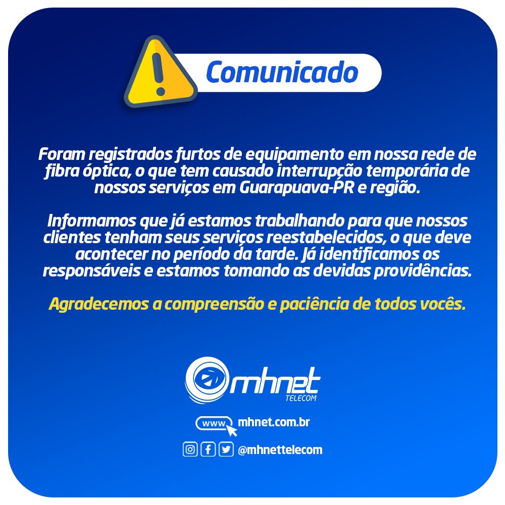 ⚠️Atenção, Guarapuava-PR e região! ⚠️

Já estamos trabalhando para que o fornecimento dos nossos serviços seja reestabelecido o mais breve possível.

Agradecemos a compreensão!