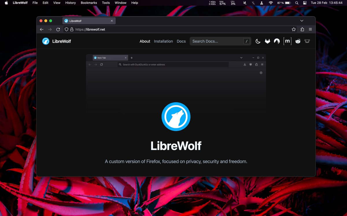 thesoaptech's tweet image. LibreWolf 110.0-1 on macOS Ventura 13.3 is excellent. Especially on older, lower-end machines. 

It&apos;s doing a much better job than many other browsers on this baseline Intel MacBook Air (2019). 

The browser is a privacy focused, open-source fork of Firefox.

#LibreWolf #MACOS