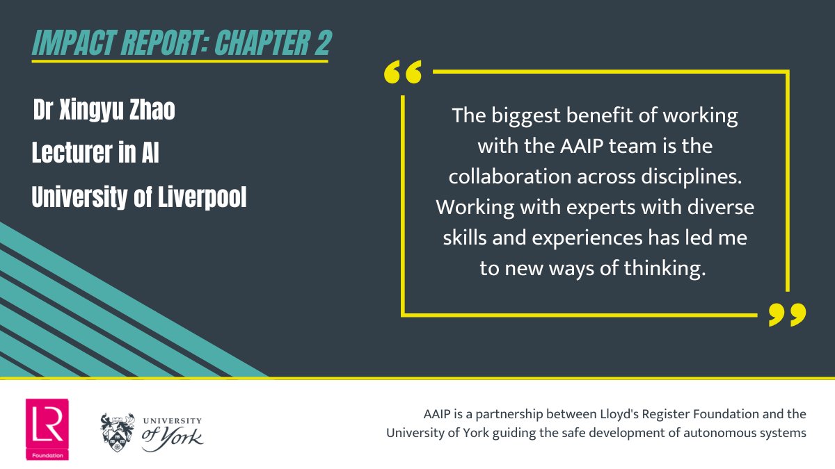 CfAA_York's tweet image. Our multidisciplinary community is influencing change. Chapter 2 of the #AssuringAutonomy Impact Report expresses the significance of the AAIP community and our collaborators in tackling complex issues and leading to new research outcomes. Read the report: bit.ly/41hxA8E