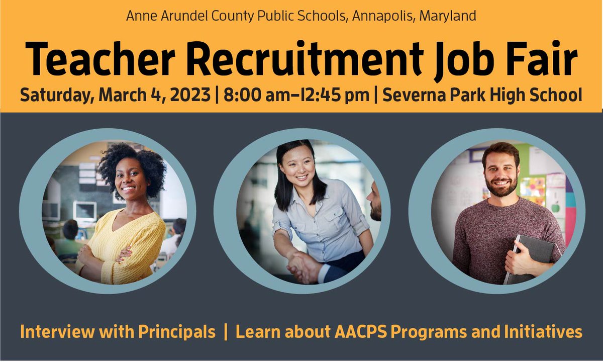 AACPS Teacher Recruitment Job fair this weekend
Open to certified educators &amp; candidates w/ bachelors degree
Registration required, candidates must also apply to a teaching position @ AACPS to attend.
Register aacps.org/teacherjobfair

questions: recruitment@aacps.org

<a href="/aacpsjobs/">AACPS Jobs</a>