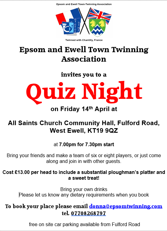 EpsomRotary's tweet photo. Quiz Night Friday 14th April at All Saints Hall, West Ewell.  7pm start, Ploughmans Supper for £13.  Bring your friends and make up a table of 6 or 8. https://t.co/aQpJVhRnFm