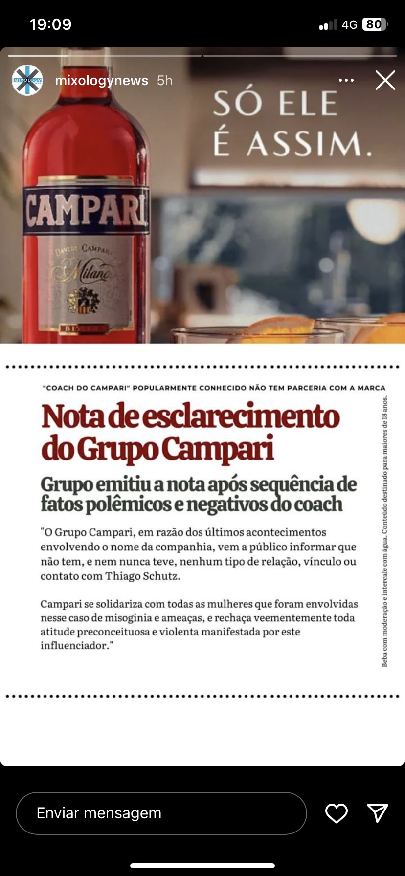 Fabricante da bebida Campari diz que nunca teve contato com 'Coach