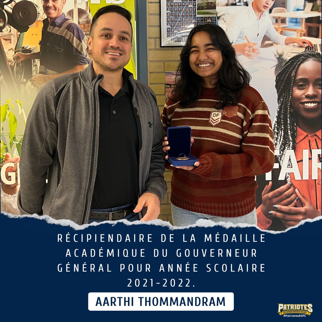 ESCPainCourt's tweet photo. Lors d'une visite, d'une de nos anciennes, la semaine dernière nous avons pue remettre la médaille académique du gouverneur général à notre récipient de l'année 2021-2022 Aarthi Thommandram.
Toujours un plaisir de revoir nos anciens a ÉSPC. #PatriotesESPC https://t.co/074xhnSMgW