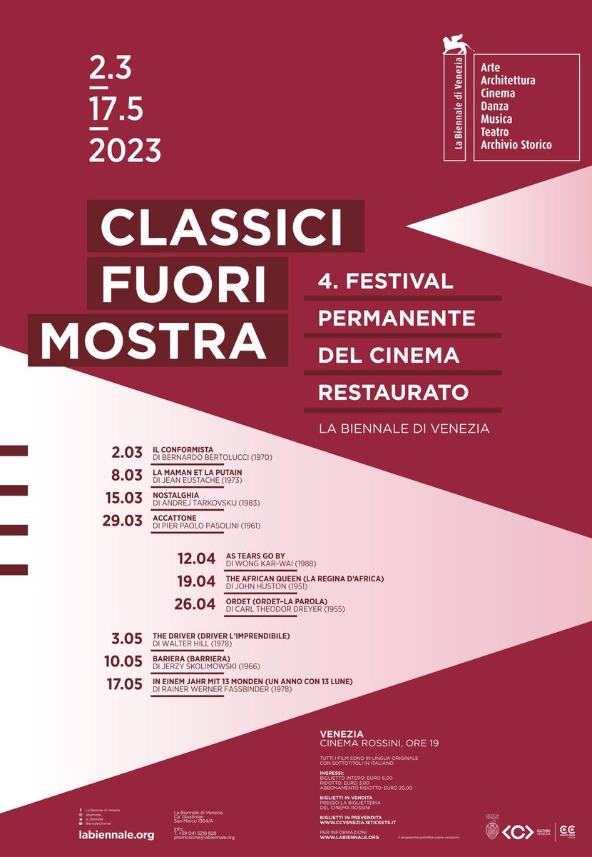 #Quarta edizione di #ClassiciFuoriMostra dal #2marzo al #17maggio 2023 al #CinemaRossini. 

Si parte il 2 marzo con #Ilconformista (1970), di #Bertolucci e con #Trintignant, #Sandrelli, #Sanda, #Clémenti. 

#biennale 

#info: bit.ly/3J1ORM4