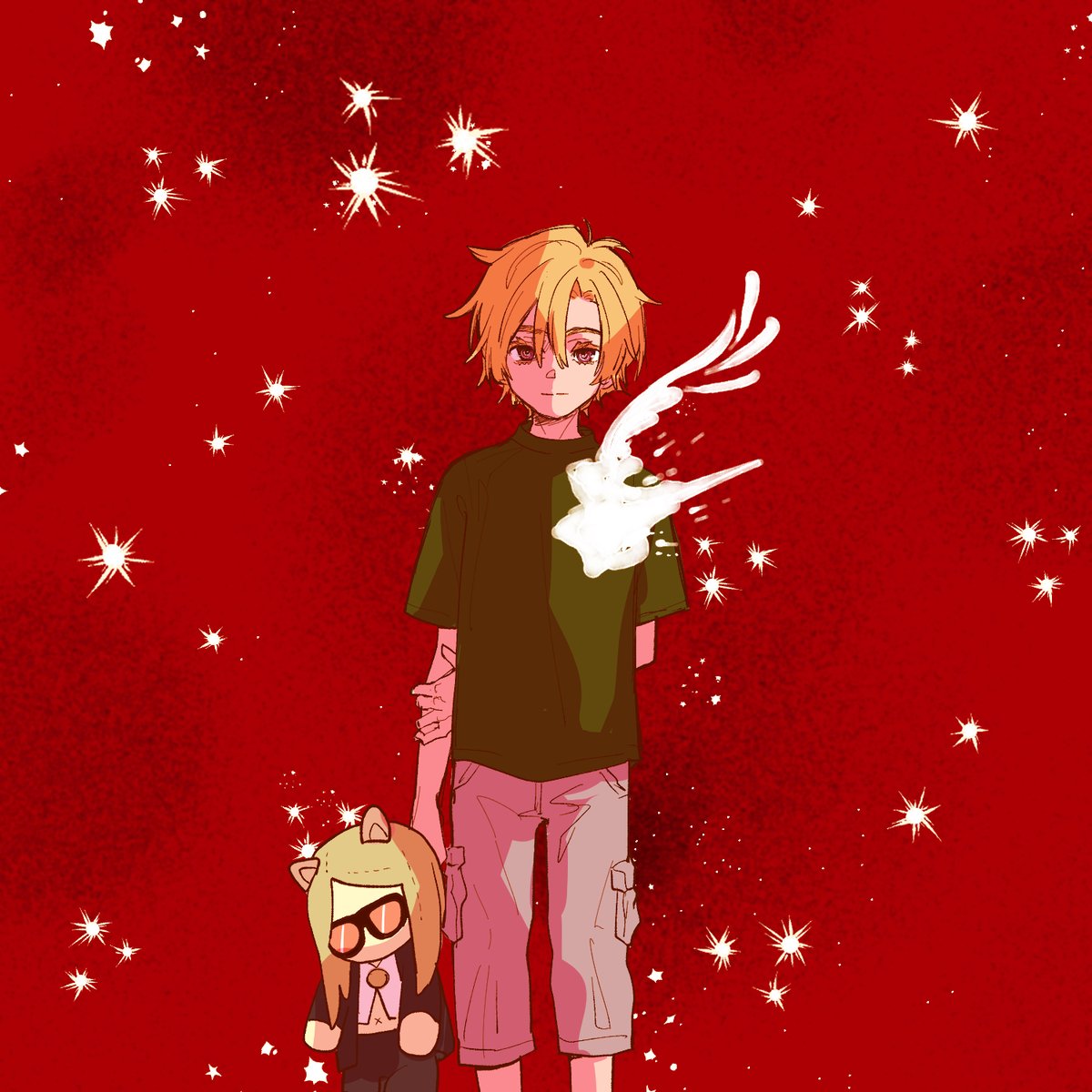 blonde hair shirt red background green shirt pants male focus 1boy  illustration images