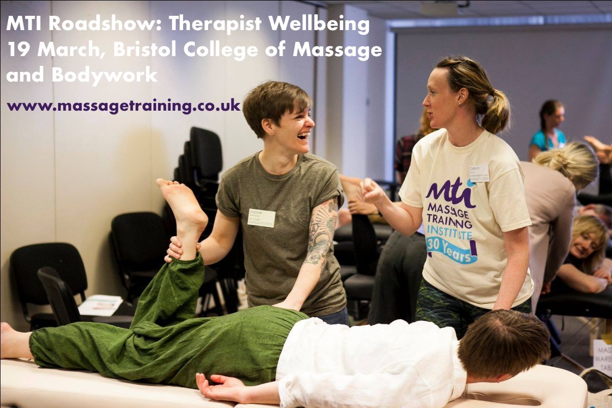 MTI Roadshow Bristol: Therapist Wellbeing. 

Join us in Bristol on 19 March for our inaugral MTI Roadshow!

Find out more and join us here: massagetraining.co.uk/events/117-mti…