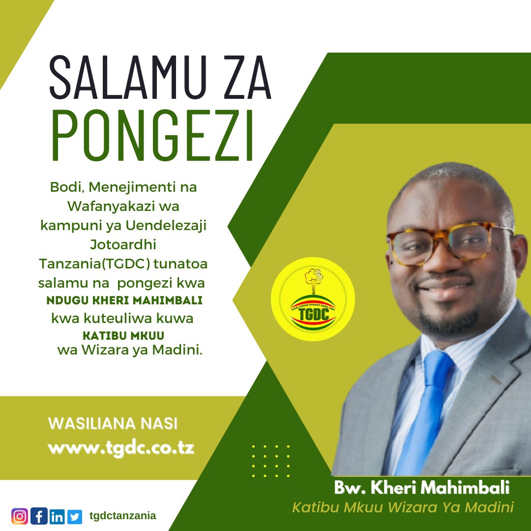 TGDCTanzania's tweet photo. Bodi, Menejimenti na Wafanyakazi wa Kampuni ya Uendelezaji Jotoardhi Tanzania(TGDC) tunatoa salamu na pongezi kwa Ndugu Kheri Mahimbali kwa kuteuliwa kuwa Katibu Mkuu wa Wizara ya Madini.
.
#TgdcTanzania #TGDC https://t.co/agYDPHIu0r