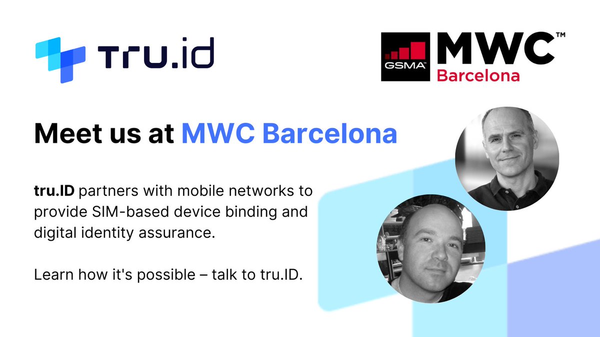 theidlayr's tweet image. Are you at #MWC23 this week? Curious how SIM security works?

Get in touch to meet Paul and Alex for a coffee and a demo of tru.ID&apos;s silent authentication tech, using the power of global mobile networks. ✨🌐📱

#mwc #SIMsecurity #mobilesecurity #digitalidentity