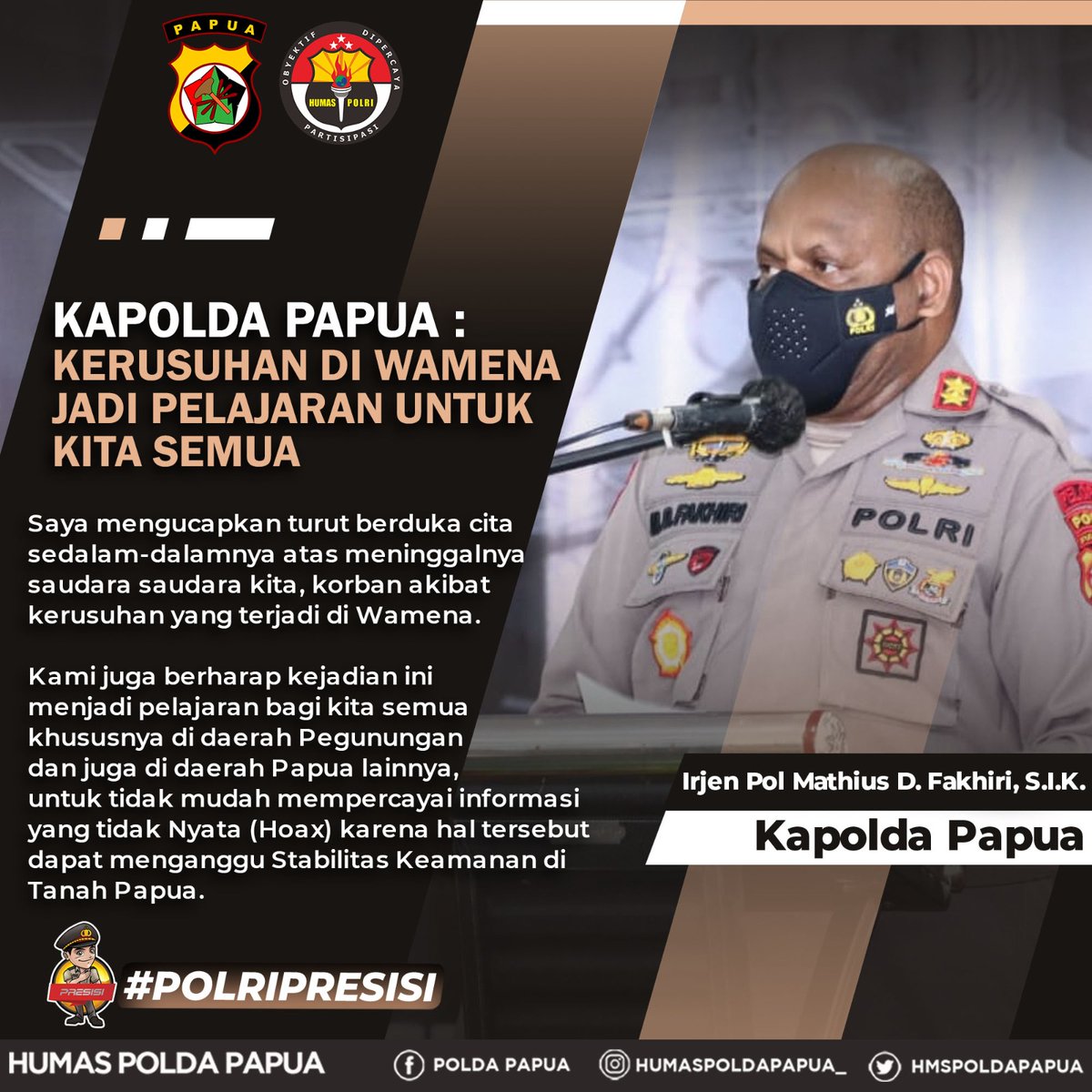 Kapolda Papua mengucapkan Turut Berduka Cita kepada Korban Kerusuhan Wamena #WamenaPapuaDamai #Wamena #Papua #beritapapua #tanahpapua