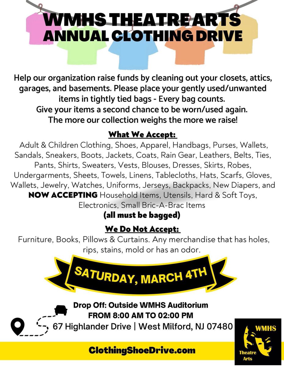 Happy Snow Day ❄️ Today is a great day to clean out some clutter, bag it up and get it ready to donate to our clothing drive on Saturday!  Every bag is an entry for a free family 4-pack of tickets! 🎟️ <a href="/wmhs_theatre/">WMHS Theatre Arts</a>